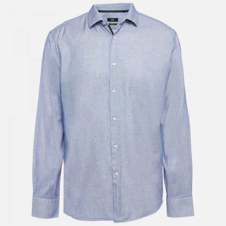 Pre Owned Boss By Hugo Boss Blue Patterned Cotton Button Up Shirt XXL