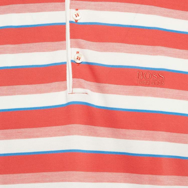 Pre Owned Boss By Hugo Boss Red Stripe Pima Cotton Regular Fit Polo L