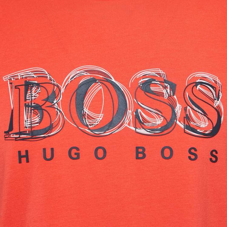 Pre Owned Boss By Hugo Boss Red Logo Print Cotton Crew Neck T-Shirt L