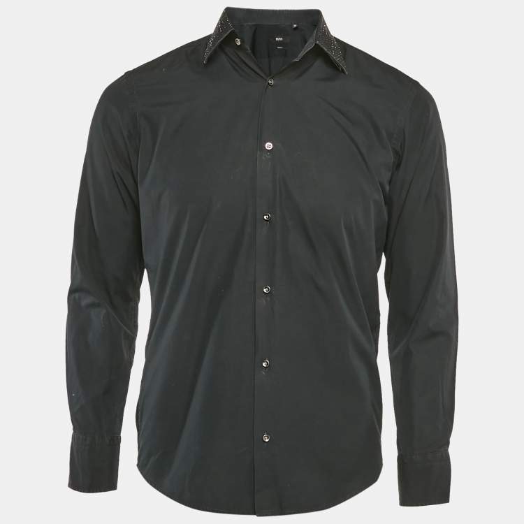 Pre Owned Boss By Hugo Boss Black Two Ply Cotton Collar Embellished Shirt S