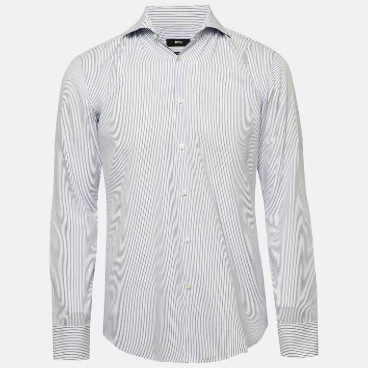 Pre Owned Boss By Hugo Boss Blue Striped Cotton Slim Fit Shirt M