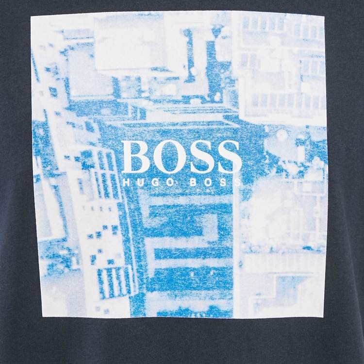 Pre Owned Boss by Hugo Boss Navy Blue Print Cotton Crew Neck T-Shirt M