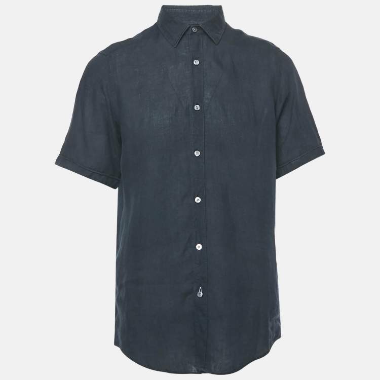 Pre Owned Boss By Hugo Navy Blue Linen Luca Regular Fit Shirt M