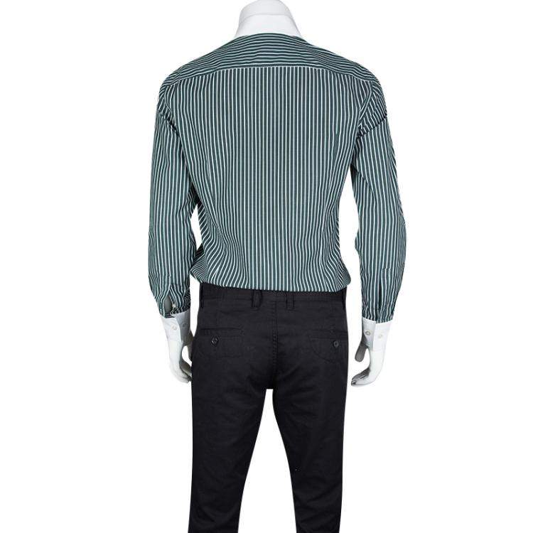Pre Owned Boss By Hugo Boss Green and White Striped Long Sleeve Slim Fit Jonah Shirt S