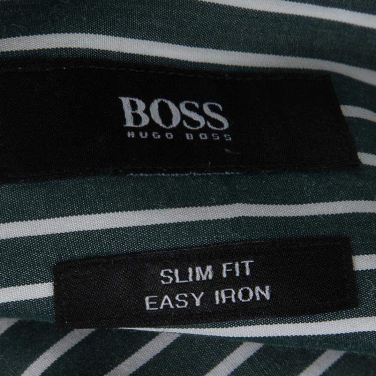 Pre Owned Boss By Hugo Boss Green and White Striped Long Sleeve Slim Fit Jonah Shirt S