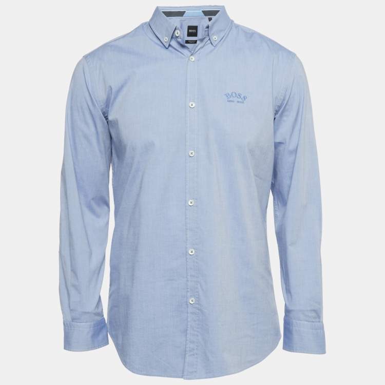 Pre Owned Boss Hugo Boss Blue Embroidered Logo Cotton Regular Fit Stretch Shirt L