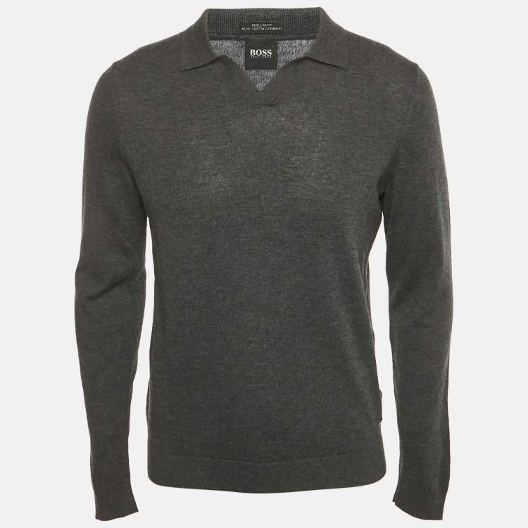 Pre Owned Boss By Hugo Boss Grey Wool Knit Collar Pullover M