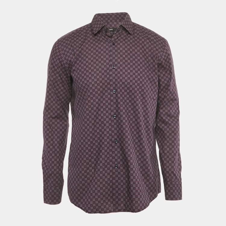 Pre Owned Boss By Hugo Boss Navy Blue Printed Cotton Slim Fit Shirt L