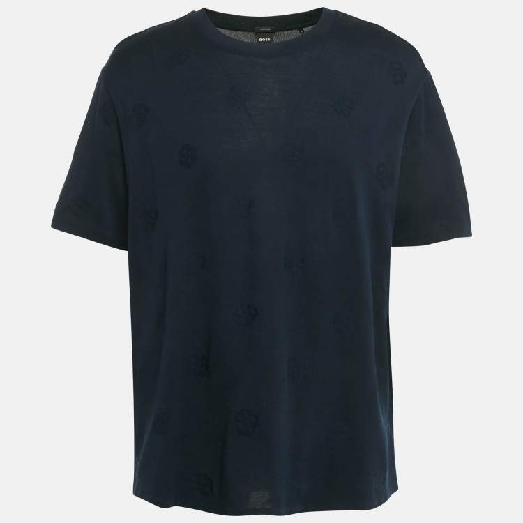 Pre Owned  Boss By Hugo Boss Navy Blue Logo Patterned Cotton Knit  C-Thompson T-Shirt XXXL