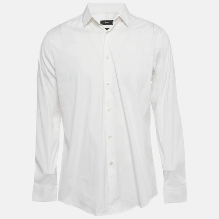 Pre Owned Boss By Hugo Boss White Cotton Blend Slim Fit Isko Shirt L