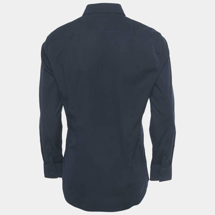 Pre Owned Boss By Hugo Boss Navy Blue Cotton and Knit Trim Slim Fit Shirt L