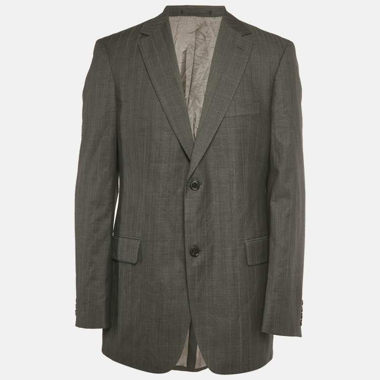 Pre Owned Boss by Hugo Boss Charcoal Grey Striped Wool & Silk Bertolucci Long Fit Blazer XL