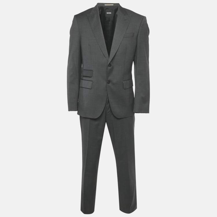Pre Owned Boss By Hugo Boss Grey Check Wool Blazer & Pant Suit L