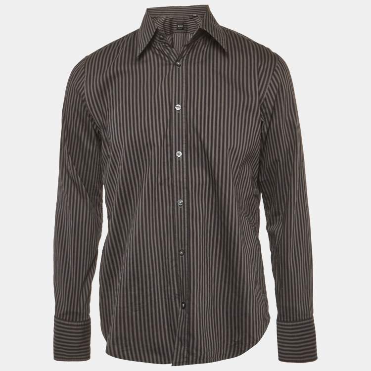 مملوكة مسبقًا Boss By Hugo Boss Grey Striped Cotton Slim Fit Shirt M