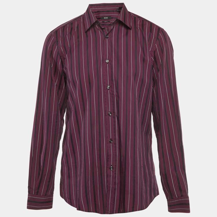 Pre Owned Boss By Hugo Boss Purple Striped Cotton Slim Fit L