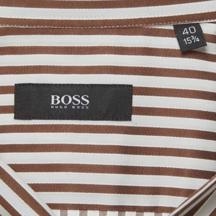 Pre Owned Boss By Hugo Boss Brown/White Striped Cotton Shirt L