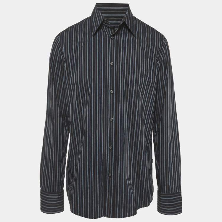Pre Owned Boss By Hugo Boss Black/Blue Striped Cotton Shirt L