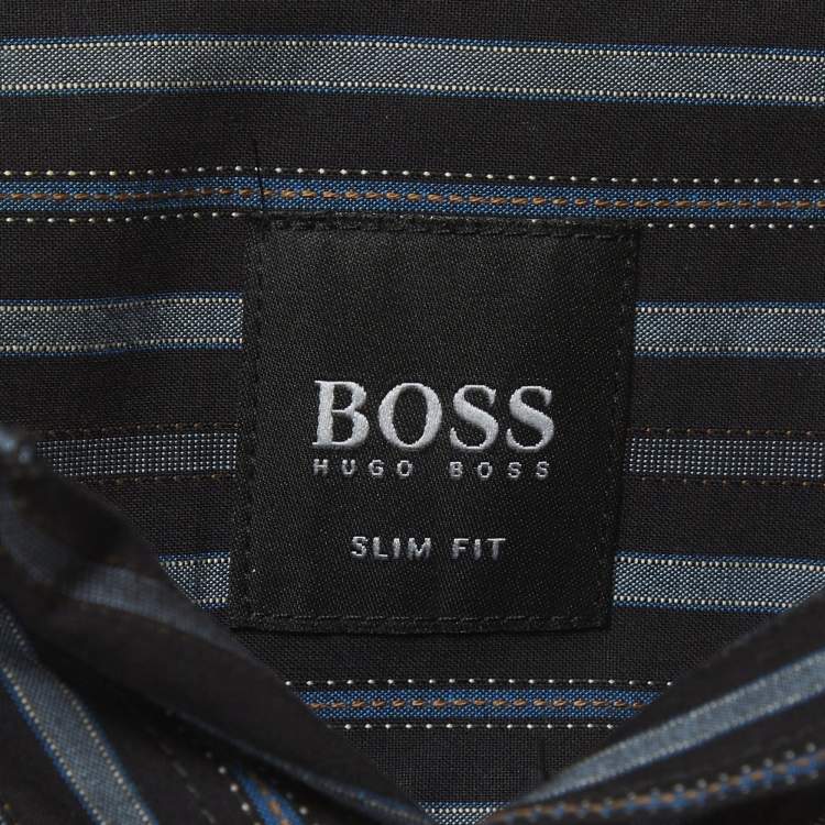 Pre Owned Boss By Hugo Boss Black/Blue Striped Cotton Shirt L