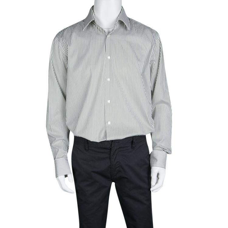 Pre Owned Boss By Hugo Boss Olive Green and White Striped Cotton Regular Fit Shirt XXL