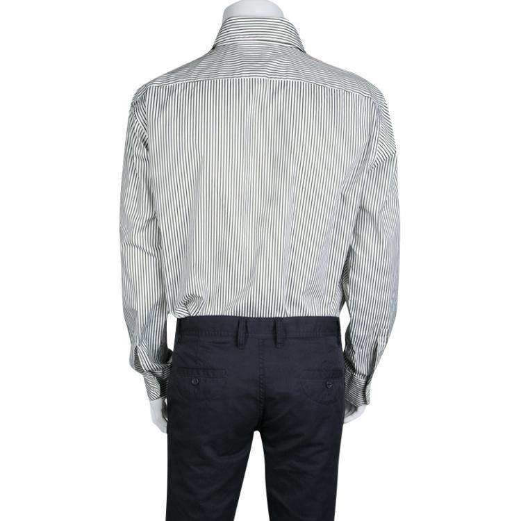 Pre Owned Boss By Hugo Boss Olive Green and White Striped Cotton Regular Fit Shirt XXL