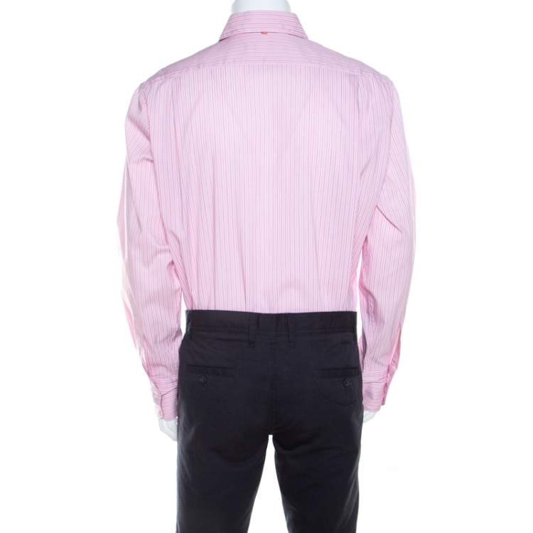 Pre Owned Boss By Hugo Boss Pink Striped Cotton Button Front Long Sleeve Shirt XL