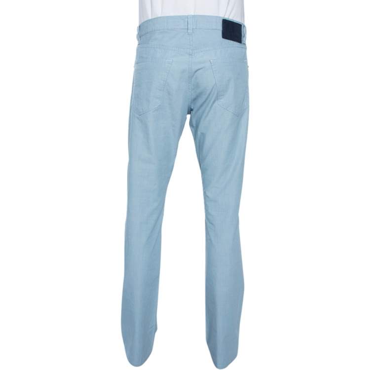 Pre Owned Boss By Hugo Boss Sky Blue Cotton Regular Fit Maine-10 Trousers L 