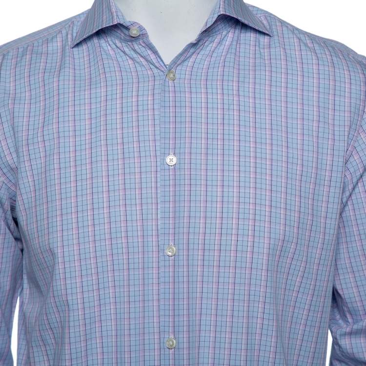 Pre Owned Boss By Hugo Boss Lavender Checked Cotton Slim Fit Shirt M 