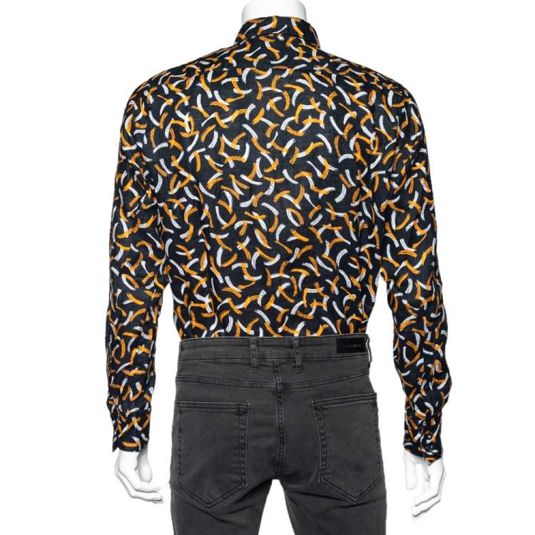 Pre Owned Boss By Hugo Boss Black Printed Linen Relegant Regular Fit Shirt M