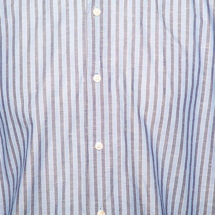 Pre Owned Boss By Hugo Boss Blue Striped Cotton & Linen Regular Fit Shirt XXXL