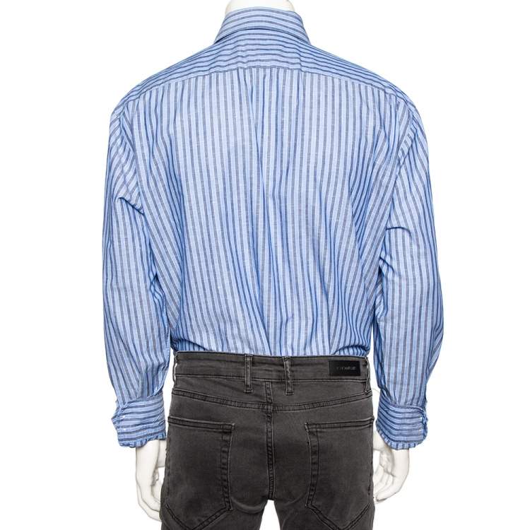 Pre Owned Boss By Hugo Boss Blue Striped Cotton & Linen Regular Fit Shirt XXXL