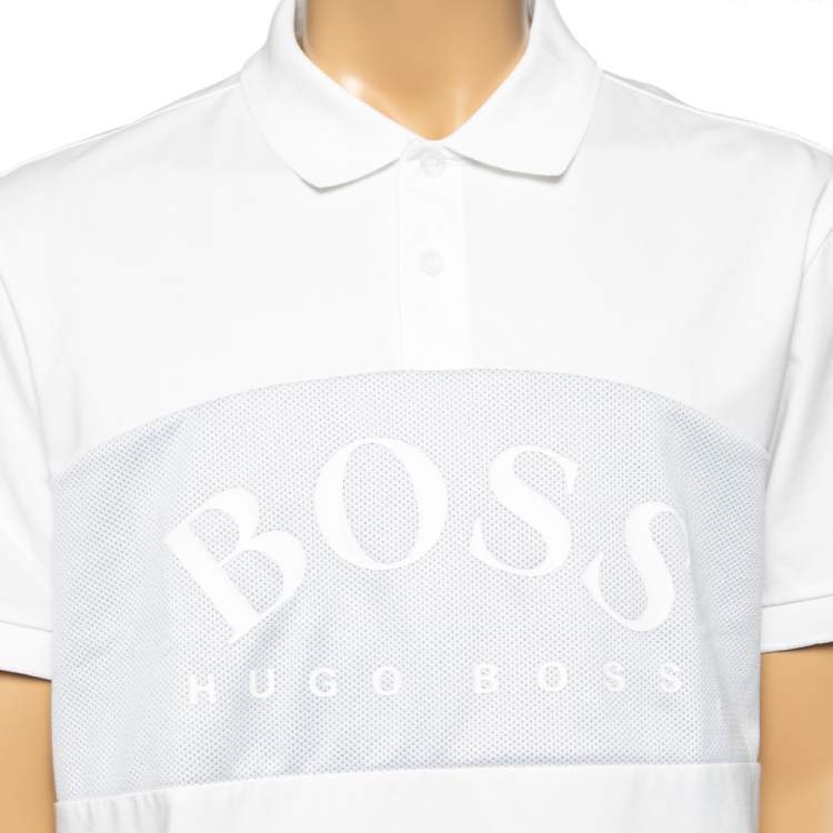 Pre Owned Boss By Hugo Boss White Cotton & Mesh Paneled Logo Printed Polo T-Shirt XXL 