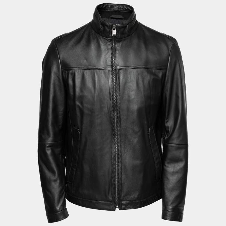 BOSS/HUGO BOSS シアリングライダースジャケット ブラック Exclusive Black Leather Jackets for Men by HUGO BOSS