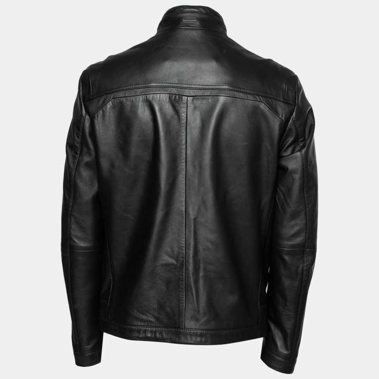 Pre Owned Boss By Hugo Boss Black Leather  Zip Front Nilas_1 Biker Jacket L