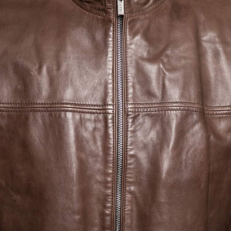 Pre Owned Boss By Hugo Boss Brown Leather Laudin Zip Front Jacket L 