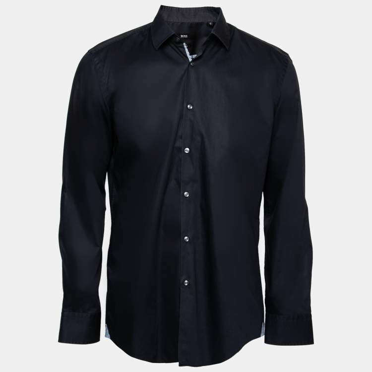 Pre Owned Boss By Hugo Boss Navy Blue Cotton Jerris Slim Fit Shirt L