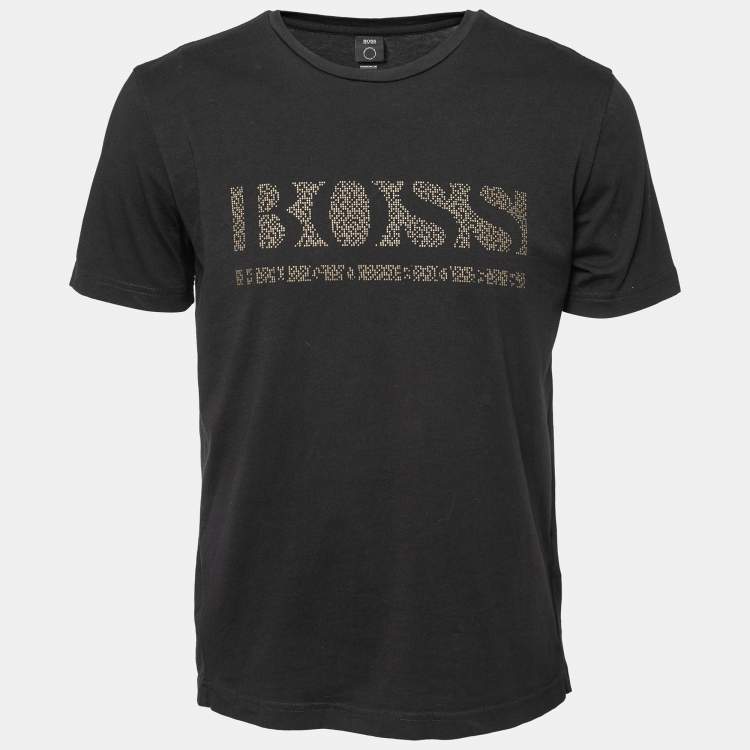 Pre Owned Boss By Hugo Boss Black Cotton Logo Printed Short Sleeve T-Shirt M