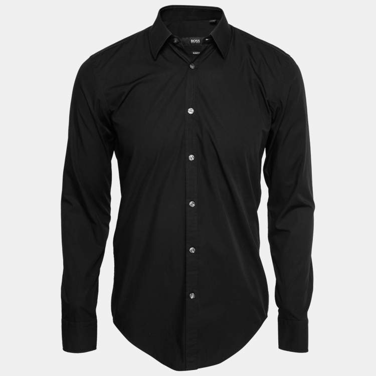 Pre Owned Boss By Hugo Boss Black Cotton Slim Fit Button Front Shirt M