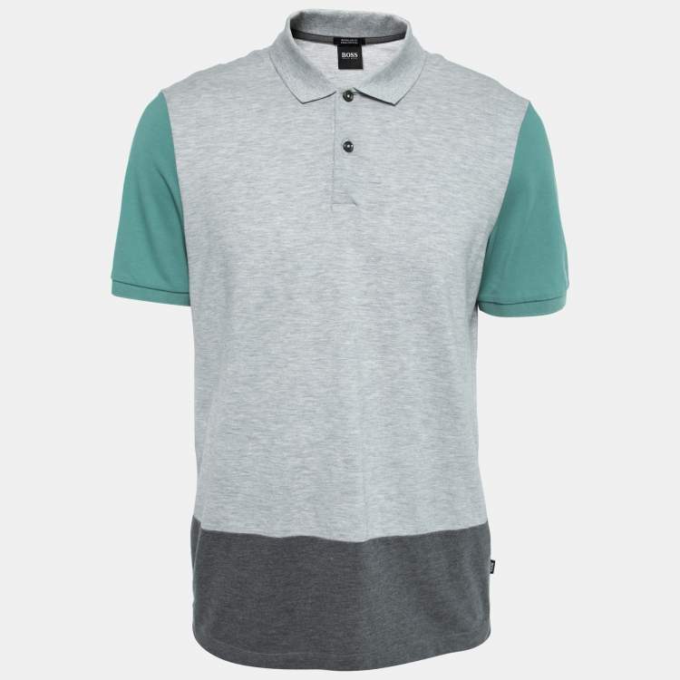 Pre Owned Boss By Hugo Boss Grey Colorblock Cotton Polo T-Shirt L