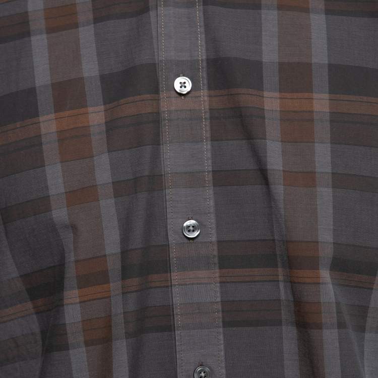 Pre Owned Boss By Hugo Boss Brown/Orange Check Print Cotton Button Front Shirt M