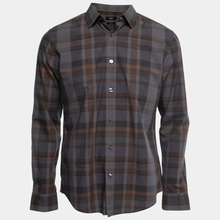 Pre Owned Boss By Hugo Boss Brown/Orange Check Print Cotton Button Front Shirt M