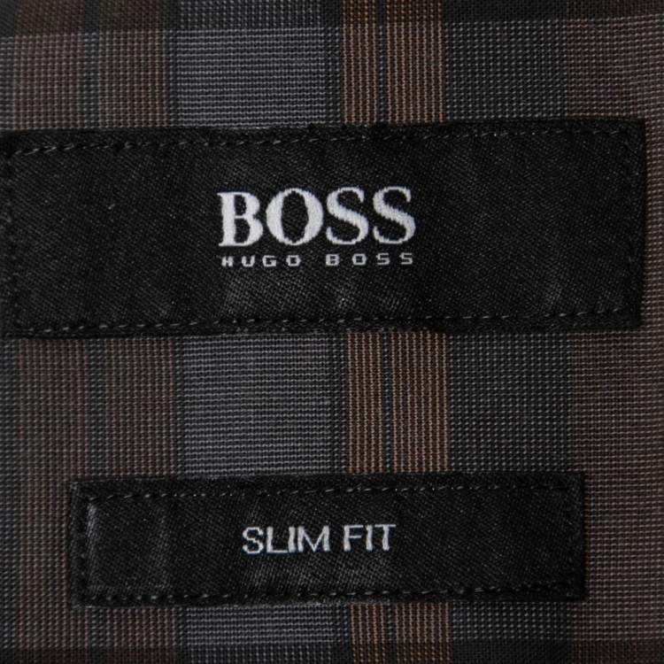 Pre Owned Boss By Hugo Boss Brown/Orange Check Print Cotton Button Front Shirt M