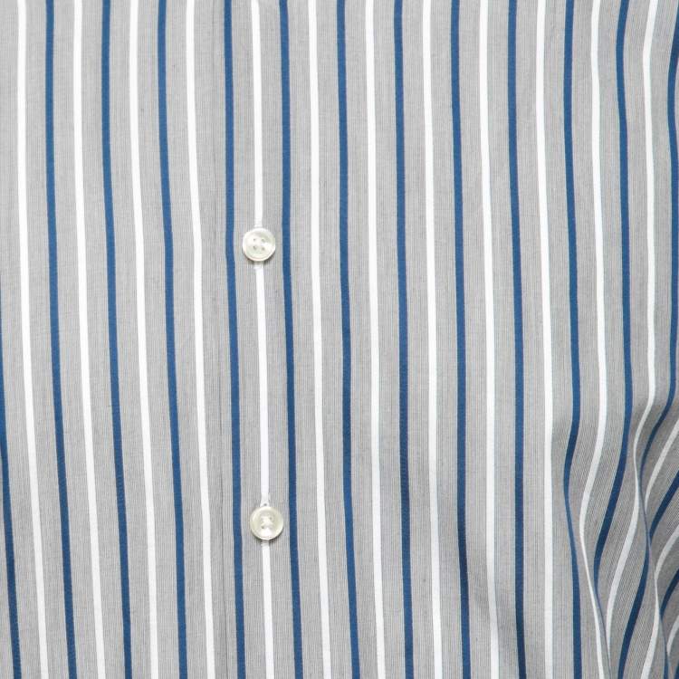 Pre Owned Boss By Hugo Boss Grey & Blue Striped Cotton Button Front Shirt L
