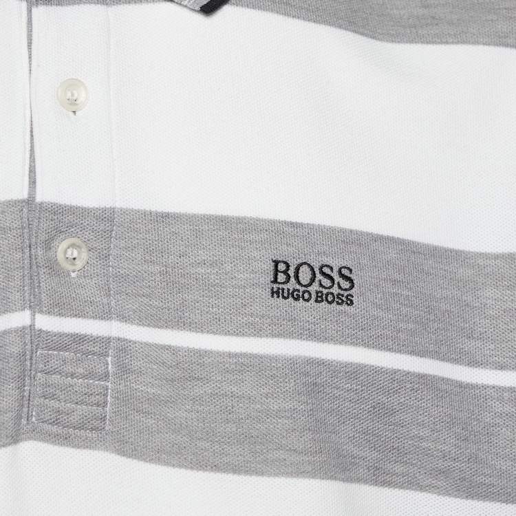 Pre Owned Boss By Hugo Boss Grey  & White Cotton Striped Polo T shirt XL