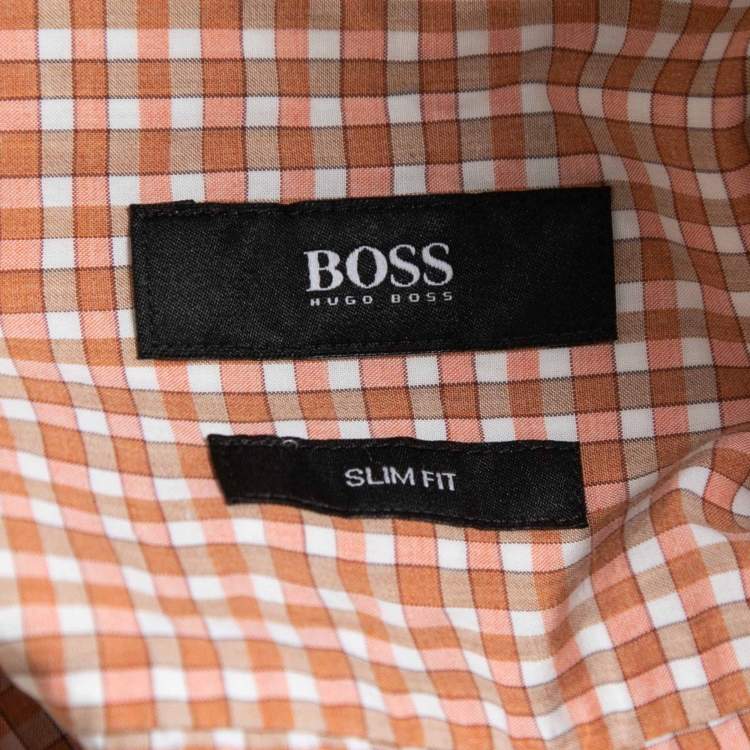 Pre Owned Boss By Hugo Boss Orange Plaid Cotton Half Sleeve Slim Fit Shirt M