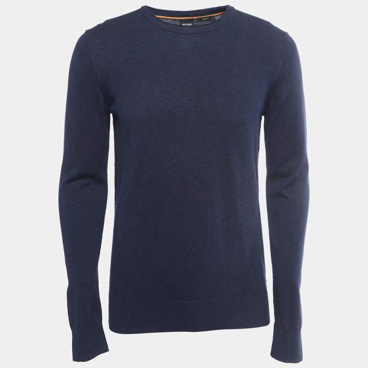 Pre Owned Boss By Hugo Boss Navy Blue Cotton Knit Crew Neck Sweatshirt L