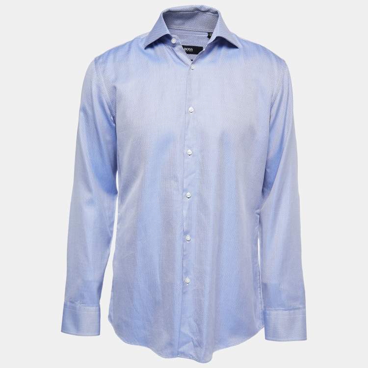 Pre Owned Boss By Hugo Boss Blue Patterned Cotton Slim Fit Full Sleeve Shirt XL
