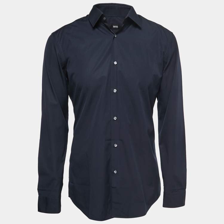 Pre Owned Boss by Hugo Boss Navy Blue Cotton Slim Fit Button Front Shirt L