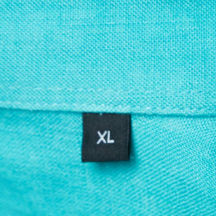 Pre Owned Boss By Hugo Boss Blue Linen Button Front Half Sleeve Shirt XL