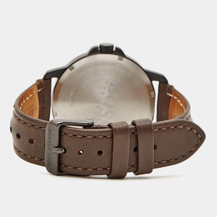 Pre Owned Boss By Hugo Boss Black Ion Plated Stainless Steel Leather Orange 1550062 Men's Wristwatch 42 mm