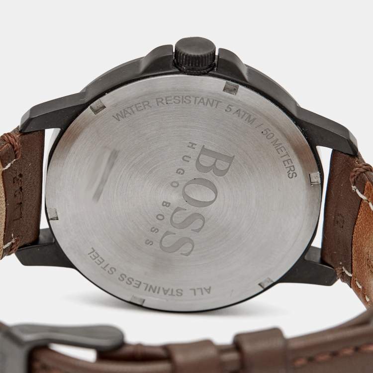 Pre Owned Boss By Hugo Boss Black Ion Plated Stainless Steel Leather Orange 1550062 Men's Wristwatch 42 mm